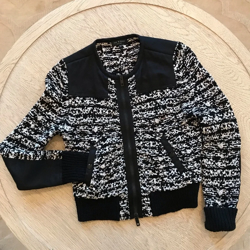 Rag & Bone Viola Black And White Ribbon Knit Sweater Jacket Zipper - Picture 6 of 15